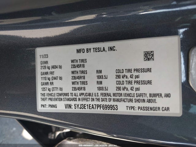Продаж на аукціоні авто 2023 Tesla Model 3 Rear-wheel Drive, vin: 5YJ3E1EA7PF699953, номер лоту: 46098657