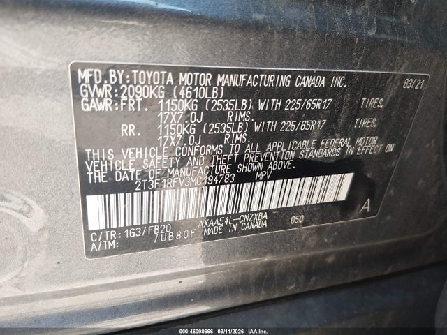 Продаж на аукціоні авто 2021 Toyota Rav4 Le, vin: 2T3F1RFV3MC194783, номер лоту: 46098666