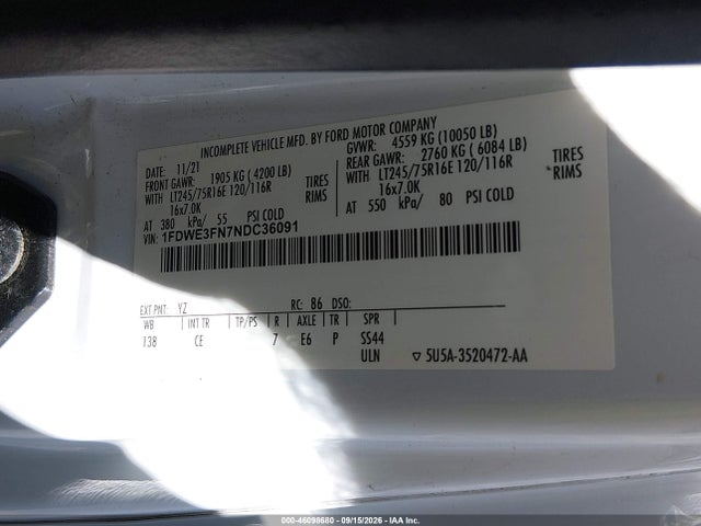 46098680 :رقم المزاد ، 1FDWE3FN7NDC36091 vin ، 2022 Ford E-350 Cutaway مزاد بيع
