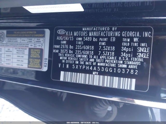 Aukcja sprzedaży 2016 Kia Sorento 3.3l Ex, vin: 5XYPH4A53GG103782, numer aukcji: 46098686
