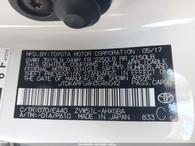 Продаж на аукціоні авто 2017 Toyota Prius Four, vin: JTDKARFU4H3046042, номер лоту: 46098690
