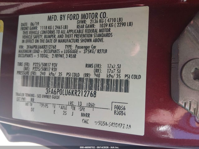 Aukcja sprzedaży 2019 Ford Fusion Hybrid Se, vin: 3FA6P0LU6KR212768, numer aukcji: 46098702