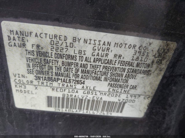 Продажа на аукционе авто 2010 Nissan Sentra 2.0sl, vin: 3N1AB6AP1AL672654, номер лота: 46098706