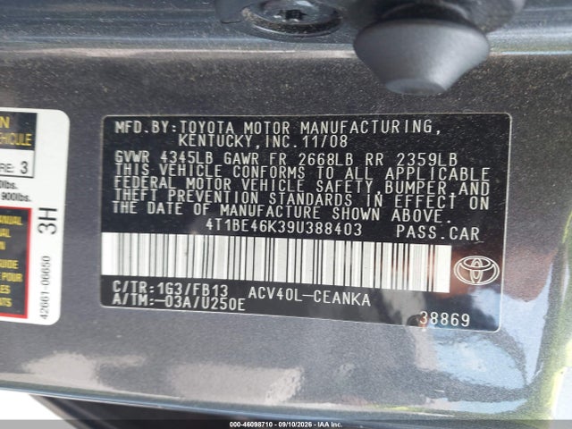 Продаж на аукціоні авто 2009 Toyota Camry Le, vin: 4T1BE46K39U388403, номер лоту: 46098710