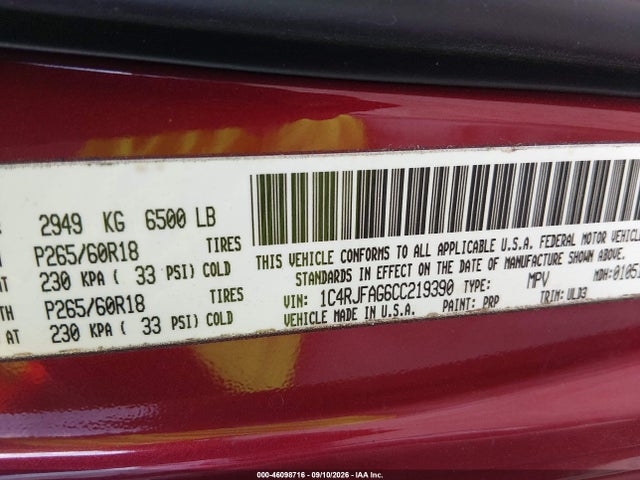 Продаж на аукціоні авто 2012 Jeep Grand Cherokee Laredo, vin: 1C4RJFAG6CC219390, номер лоту: 46098716