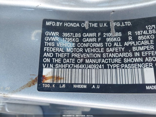 Honda CIVIC EX 2019 SHHFK7H64KU409241 Image 9