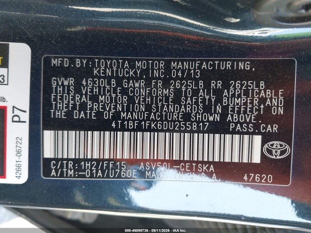 46098736 :رقم المزاد ، 4T1BF1FK6DU255817 vin ، 2013 Toyota Camry Se مزاد بيع