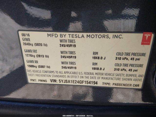 Продаж на аукціоні авто 2016 Tesla Model S 60d/70d/75d/85d/90d, vin: 5YJSA1E24GF154194, номер лоту: 46098741