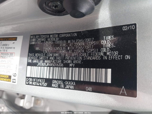 Aukcja sprzedaży 2010 Toyota 4runner Sr5/limited/trail, vin: JTEBU5JR4A5016306, numer aukcji: 46098751