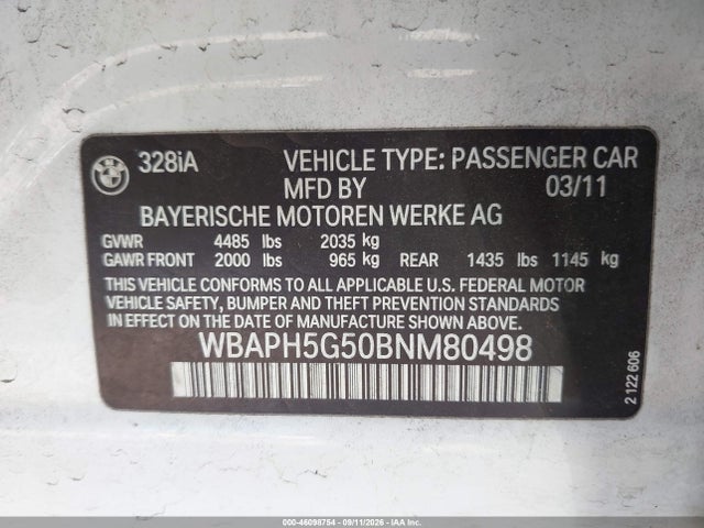 Aukcja sprzedaży 2011 Bmw 328i, vin: WBAPH5G50BNM80498, numer aukcji: 46098754
