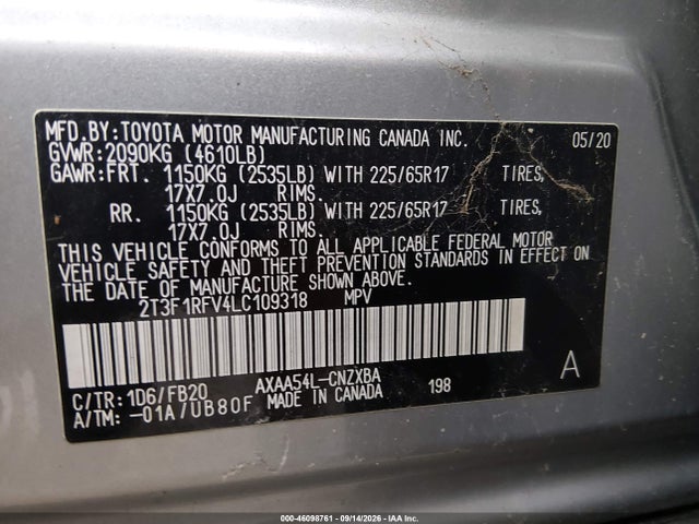 Продажа на аукционе авто 2020 Toyota Rav4 Le, vin: 2T3F1RFV4LC109318, номер лота: 46098761