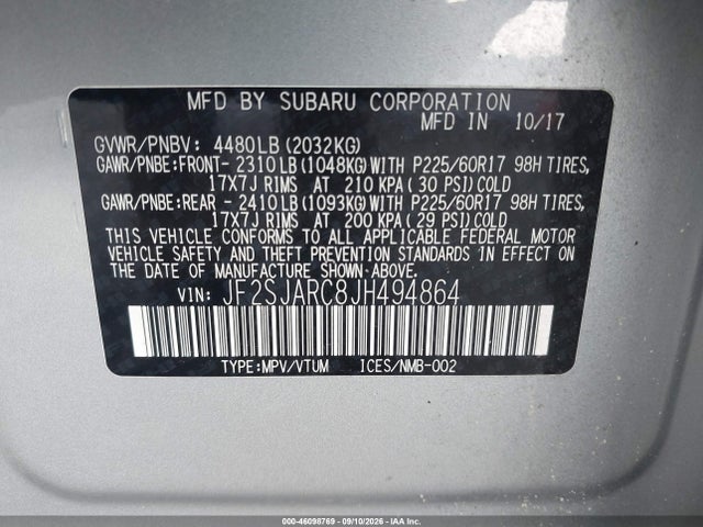 2018 Subaru Forester 2.5i Limited მანქანა იყიდება აუქციონზე, vin: JF2SJARC8JH494864, აუქციონის ნომერი: 46098769