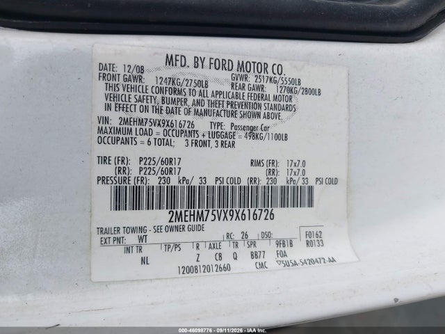 Продажа на аукционе авто 2009 Mercury Grand Marquis Ls (fleet Only), vin: 2MEHM75VX9X616726, номер лота: 46098776