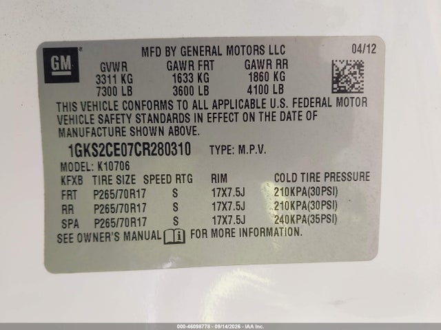 Auction sale of the 2012 Gmc Yukon Slt, vin: 1GKS2CE07CR280310, lot number: 46098778