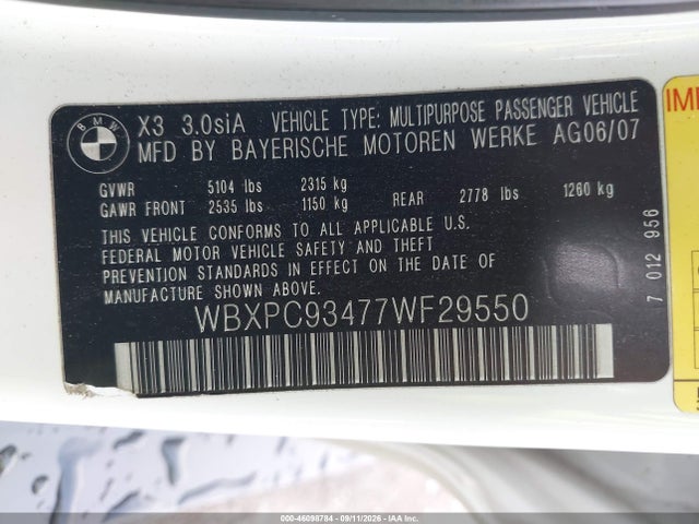 2007 Bmw X3 3.0si მანქანა იყიდება აუქციონზე, vin: WBXPC93477WF29550, აუქციონის ნომერი: 46098784