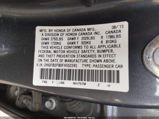Honda CIVIC EX 2015 2HGFB2F80FH552245 Image 9
