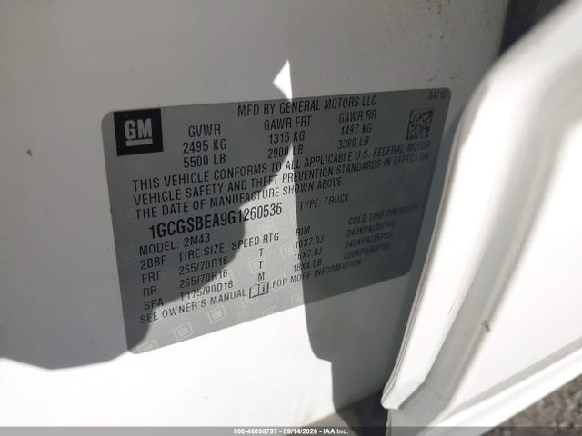 46098797 :رقم المزاد ، 1GCGSBEA9G1260536 vin ، 2016 Chevrolet Colorado Wt مزاد بيع