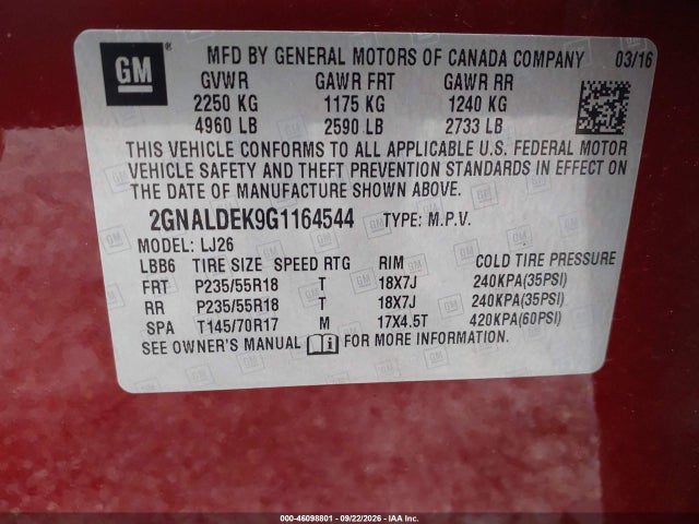 Продажа на аукционе авто 2016 Chevrolet Equinox Ltz, vin: 2GNALDEK9G1164544, номер лота: 46098801