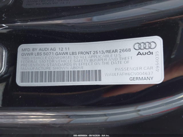 2012 Audi A5 2.0t Premium მანქანა იყიდება აუქციონზე, vin: WAULFAFH6CN004637, აუქციონის ნომერი: 46098804