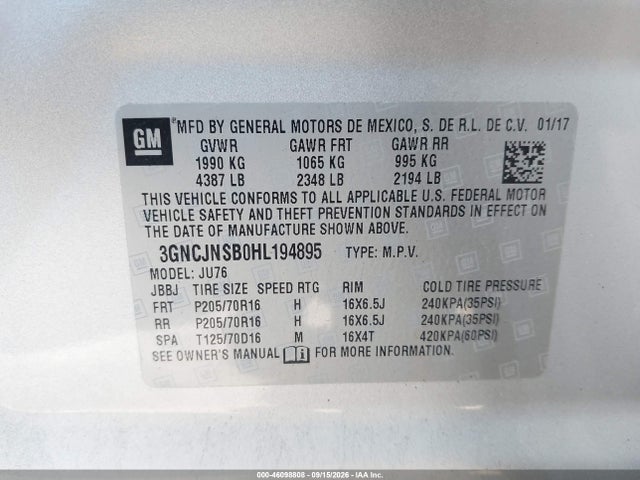 Продажа на аукционе авто 2017 Chevrolet Trax Ls, vin: 3GNCJNSB0HL194895, номер лота: 46098808