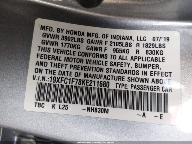 Honda Civic Ex-l 2019 19XFC1F78KE211680 Image 9