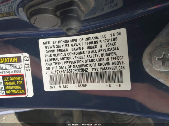 Продаж на аукціоні авто 2009 Honda Civic Lx, vin: 19XFA16579E002042, номер лоту: 46098833