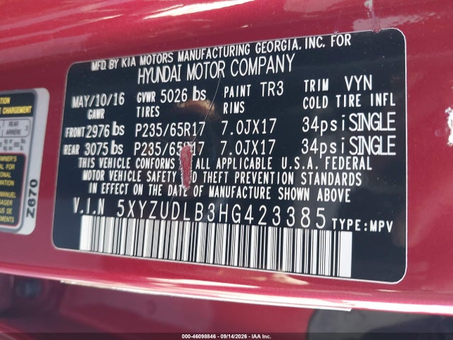 2017 Hyundai Santa Fe Sport 2.4l მანქანა იყიდება აუქციონზე, vin: 5XYZUDLB3HG423385, აუქციონის ნომერი: 46098846