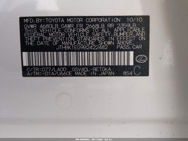 46098853 :رقم المزاد ، JTHBK1EG9B2422482 vin ، 2011 Lexus Es 350 مزاد بيع