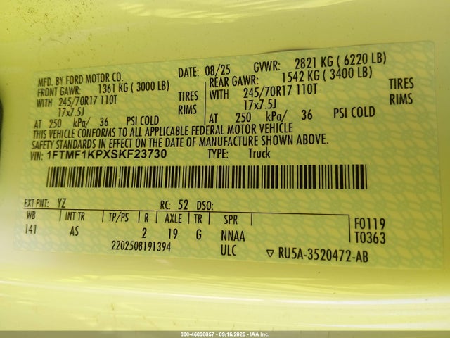 Продажа на аукционе авто 2025 Ford F-150 Xl, vin: 1FTMF1KPXSKF23730, номер лота: 46098857