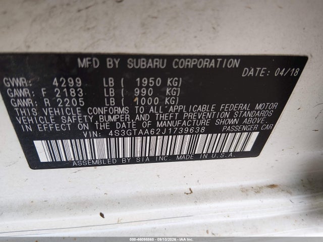 Продаж на аукціоні авто 2018 Subaru Impreza 2.0i, vin: 4S3GTAA62J1739638, номер лоту: 46098860
