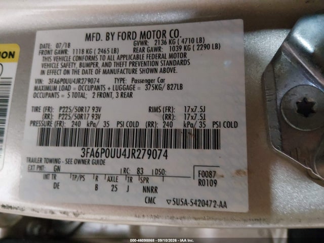 Продажа на аукционе авто 2018 Ford Fusion Hybrid S, vin: 3FA6P0UU4JR279074, номер лота: 46098868