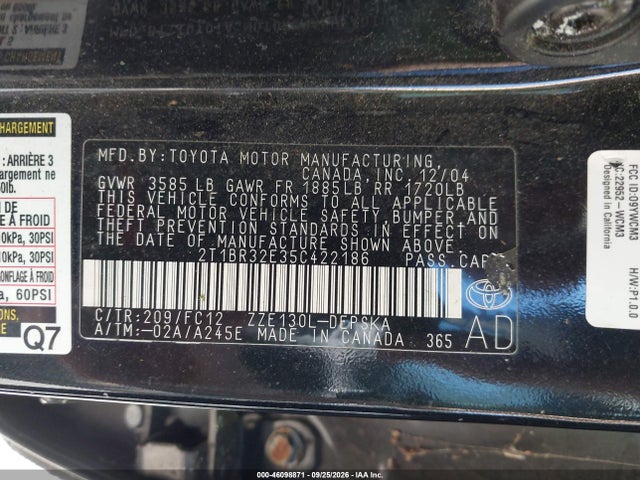Aukcja sprzedaży 2005 Toyota Corolla S, vin: 2T1BR32E35C422186, numer aukcji: 46098871