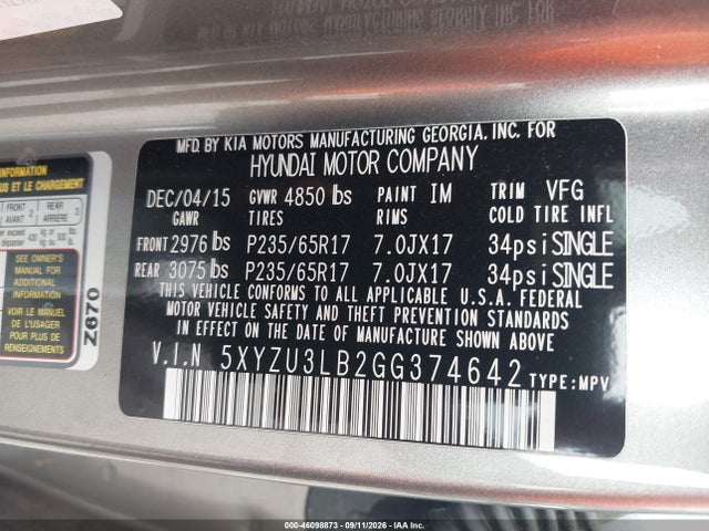 46098873 :رقم المزاد ، 5XYZU3LB2GG374642 vin ، 2016 Hyundai Santa Fe Sport 2.4l مزاد بيع