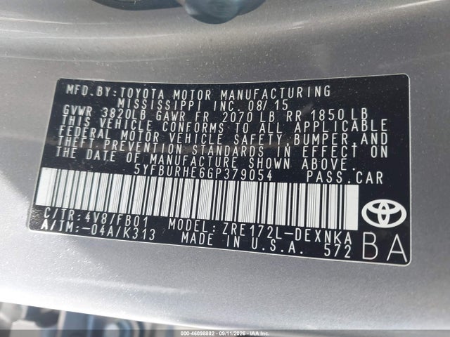 46098882 :رقم المزاد ، 5YFBURHE6GP379054 vin ، 2016 Toyota Corolla Le Plus مزاد بيع
