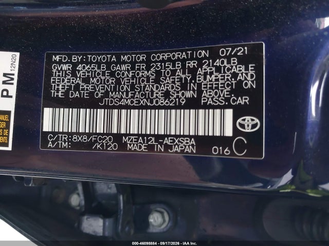 46098884 :رقم المزاد ، JTDS4MCEXNJ086219 vin ، 2022 Toyota Corolla Se مزاد بيع
