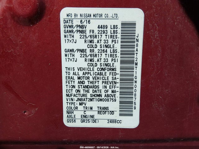 Aukcja sprzedaży 2016 Nissan Rogue S, vin: JN8AT2MT1GW008759, numer aukcji: 46098887