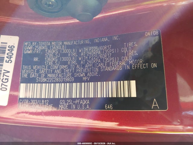 46098892 :رقم المزاد ، 5TDBK22C28S019809 vin ، 2008 Toyota Sienna Limited مزاد بيع