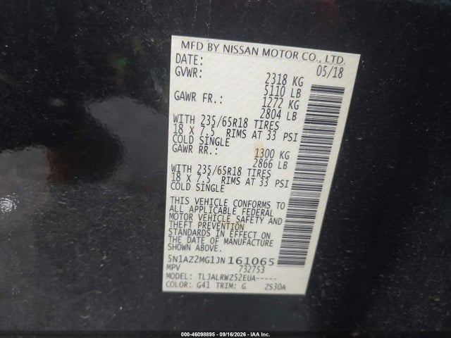 2018 Nissan Murano Sl მანქანა იყიდება აუქციონზე, vin: 5N1AZ2MG1JN161065, აუქციონის ნომერი: 46098895