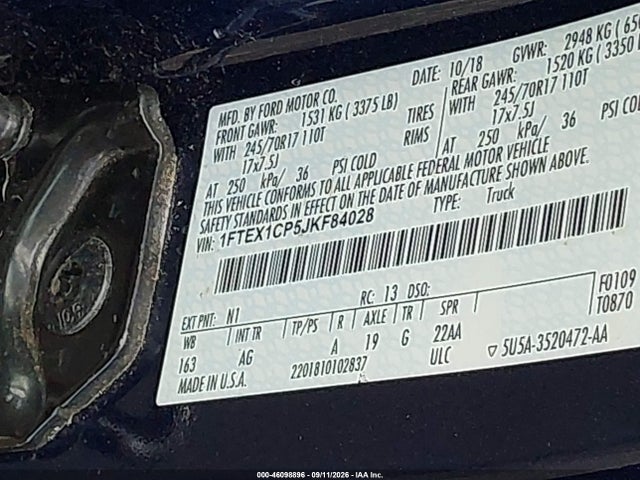 46098896 :رقم المزاد ، 1FTEX1CP5JKF84028 vin ، 2018 Ford F-150 Xl مزاد بيع