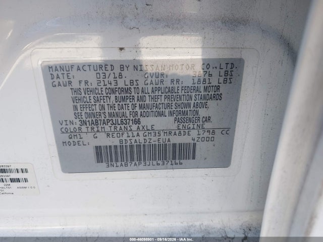 Продажа на аукционе авто 2018 Nissan Sentra Sv, vin: 3N1AB7AP3JL637166, номер лота: 46098901