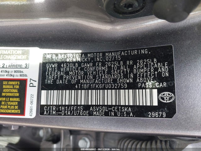 2015 Toyota Camry Se მანქანა იყიდება აუქციონზე, vin: 4T1BF1FK6FU032759, აუქციონის ნომერი: 46098902