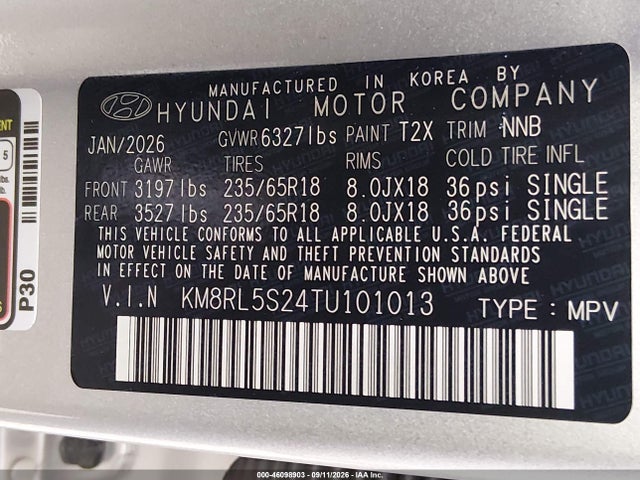 Auction sale of the 2026 Hyundai Palisade Sel 7p, vin: KM8RL5S24TU101013, lot number: 46098903