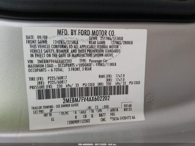 Aukcja sprzedaży 2010 Mercury Grand Marquis Ls (fleet Only), vin: 2MEBM7FV4AX602202, numer aukcji: 46098908