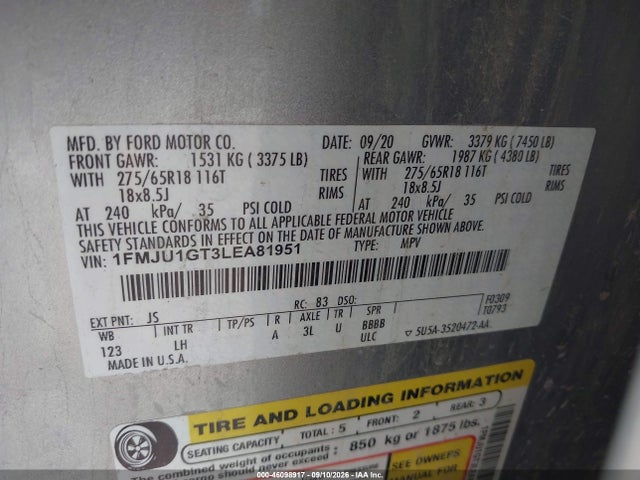 2020 Ford Expedition Xl მანქანა იყიდება აუქციონზე, vin: 1FMJU1GT3LEA81951, აუქციონის ნომერი: 46098917
