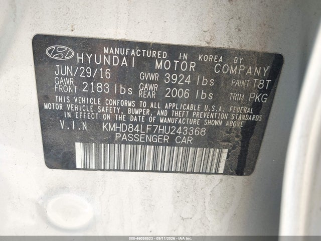 Продаж на аукціоні авто 2017 Hyundai Elantra Se, vin: KMHD84LF7HU243368, номер лоту: 46098923