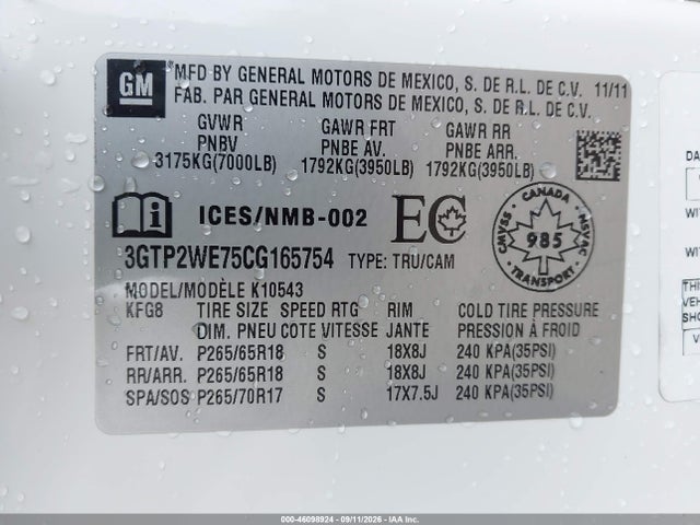 46098924 :رقم المزاد ، 3GTP2WE75CG165754 vin ، 2012 Gmc Sierra 1500 Slt مزاد بيع