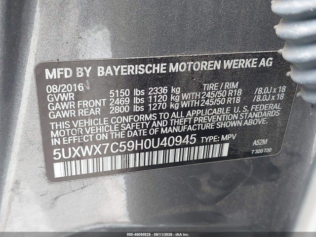 Aukcja sprzedaży 2017 Bmw X3 Xdrive35i, vin: 5UXWX7C59H0U40945, numer aukcji: 46098929