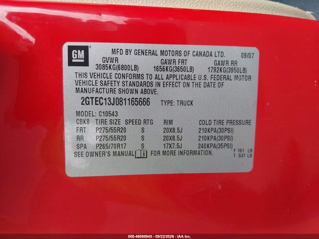 2008 Gmc Sierra 1500 Sle1 მანქანა იყიდება აუქციონზე, vin: 2GTEC13J081165666, აუქციონის ნომერი: 46098945