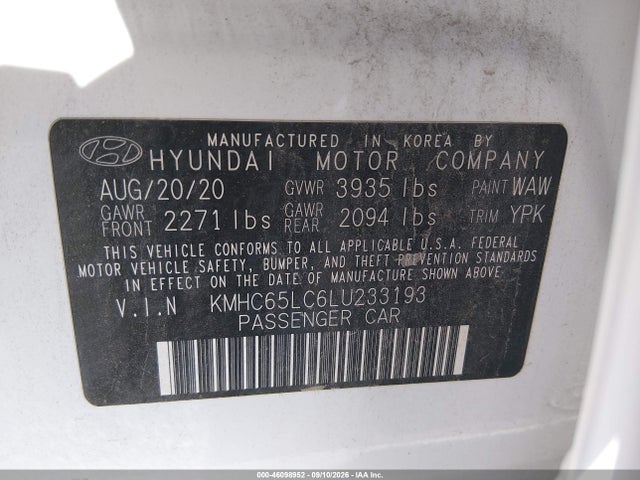 2020 Hyundai Ioniq Hybrid Blue მანქანა იყიდება აუქციონზე, vin: KMHC65LC6LU233193, აუქციონის ნომერი: 46098952