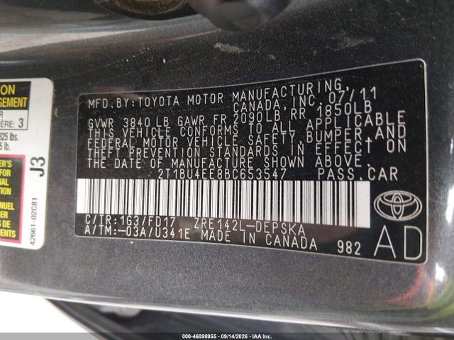 Aukcja sprzedaży 2011 Toyota Corolla S, vin: 2T1BU4EE8BC653547, numer aukcji: 46098955